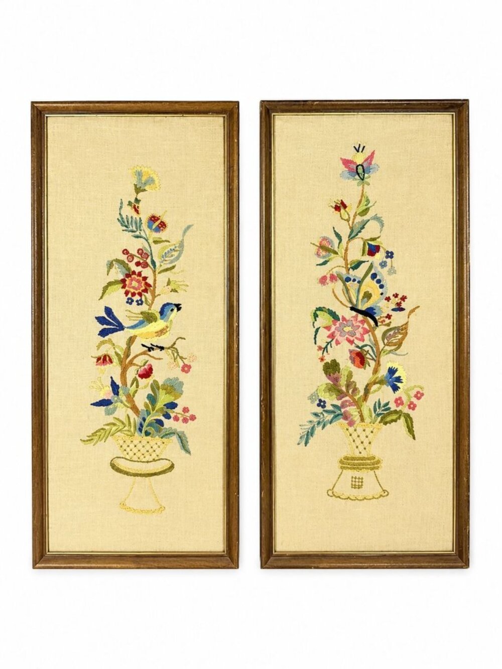 Framed Crewel Embroidery Wall Art Decor Handmade Pair Set 2 Birds and Flowers
